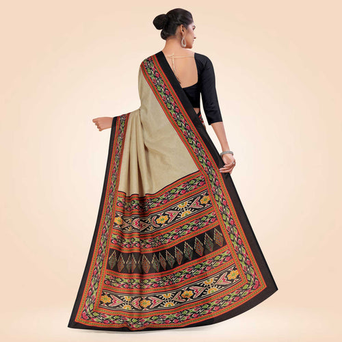 Beige and Black Women's Premium Manipuri Cotton Plain Gaala Border Catering Uniform Saree
