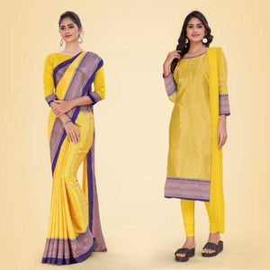 Yelow and Violet Women's Premium Silk Chiffon Small Butty Industrial Uniform Saree Salwar Combo