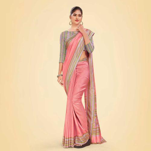 Rose Pink Women's Premium Mulberry Silk Plain Gaala Border Airline Uniform Saree