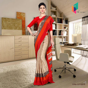 Brown And Red Italian Crepe Silk Showroom Uniform Saree