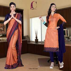 Rust and Black Women's Premium Manipuri Cotton Plain Gala Border Institute Uniform Sarees Salwar Combo