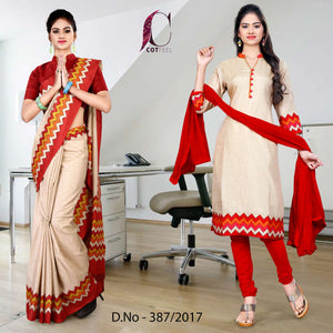 Beige and Red Women's Premium Manipuri Cotton Plain Gaala Border School Staff Uniform Sarees Salwar Combo