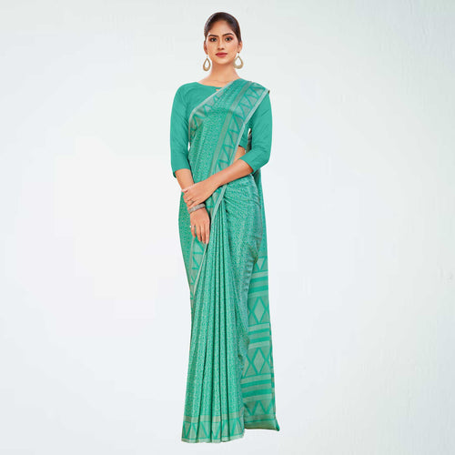 Yellow Women's Premium Silk Chiffon Ikat Print School Uniform Saree