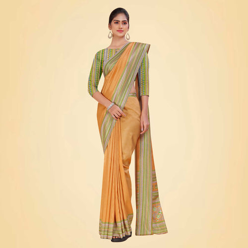 Pistachio Women's Premium Mulberry Silk Plain Gaala Border Teachers Uniform Saree