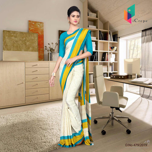 Off White And Blue Italian Crepe Silk Handloom Uniform Saree