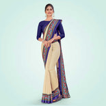 Beige and Navy Blue Women's Premium Manipuri Cotton Plain Gaala Border Showroom Uniform Saree