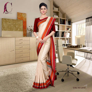 Beige And Maroon Tripura Cotton Teacher Uniform Saree