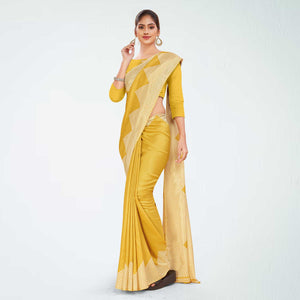 Yellow Women's Premium Mulberry Silk Plain Gaala Border Institution Uniform Saree