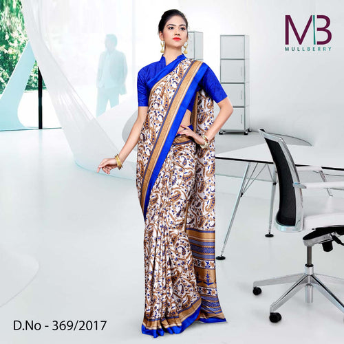 Blue And Cream Mulberry Silk Uniform Saree