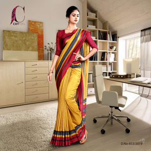 Yellow and Wine Premium Tripura Cotton Hotel Uniform Sarees