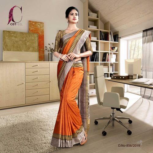 Orange Peach Beige Plain Border Polycotton Teachers Uniform Sarees