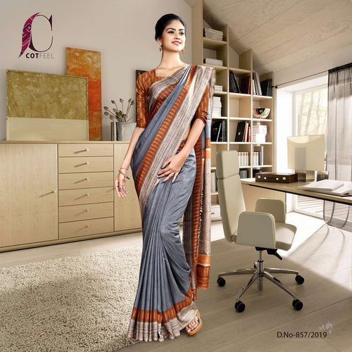 Grey Orange Plain Border Polycotton School Uniform Sarees