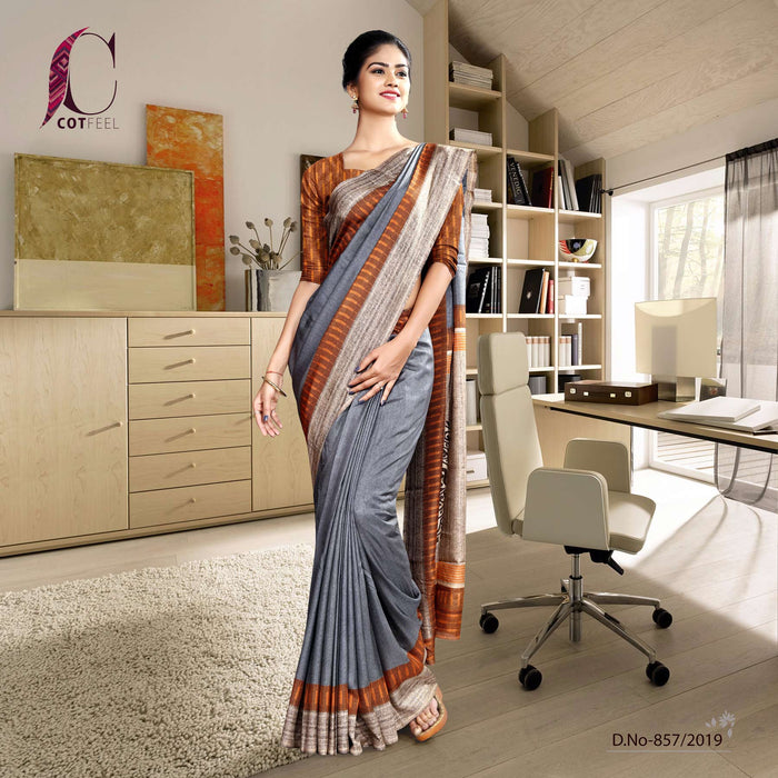 Grey Orange Plain Border Polycotton School Uniform Sarees