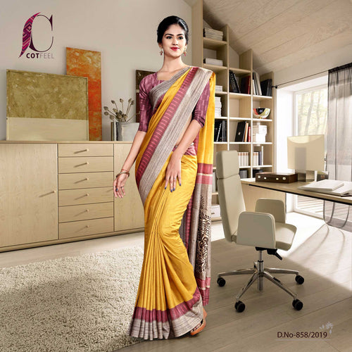 Yellow Peach Beige Plain Border Polycotton Teachers Uniform Sarees