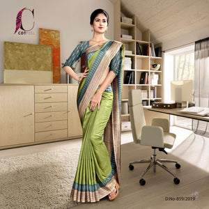 Cardamom Green Beige Plain Border Polycotton Teachers Uniform Sarees