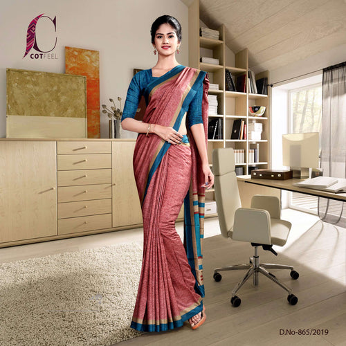 Onion Pink with Morpich Border Print Premium Italian Silk Crepe Uniform Sarees For School Teachers