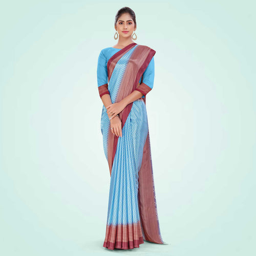 Sky Blue and Crimson Pink Women's Premium Silk Chiffon Small Butty School Uniform Saree