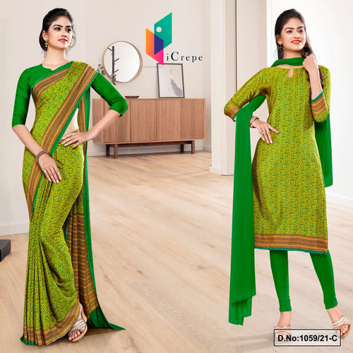 Yellow Green Women's Premium Italian Silk Paisley Print Uniform Sarees Salwar Combo For Factory Workers