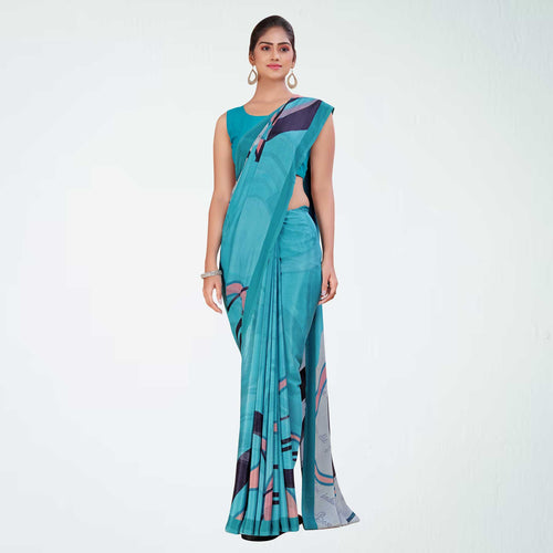 Peach and Navy Blue Women's Premium Italian Silk Digital Print Uniform Sarees for Institutions With Blouse Piece