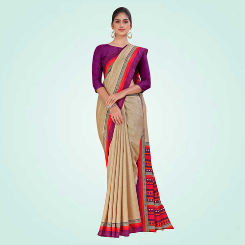 Beige and Bottle Green Women's Premium Manipuri Cotton Plain Gaala Border Front Office Uniform Saree