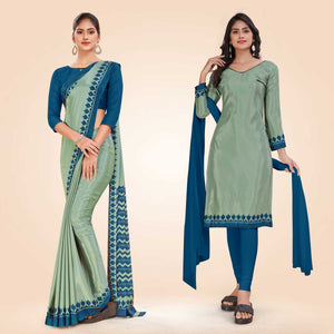 Pistachio and Peacock Blue Women's Premium Silk Chiffon Plain Gaala Border Receptionist Uniform Saree Salwar Combo