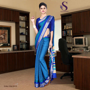 Skyblue Blue Silk Crepe Jaquard Border Institute Uniform Sarees