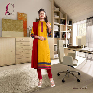 Yellow With Maroon Border Women's Premium Tripura Cotton Office Uniform Salwar Kameez