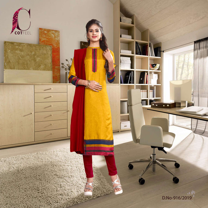 Yellow With Maroon Border Tripura Cotton Office Uniform Salwar Kameez