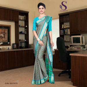 Off White Turquoise Silk Crepe Jaquard Border College Uniform Sarees