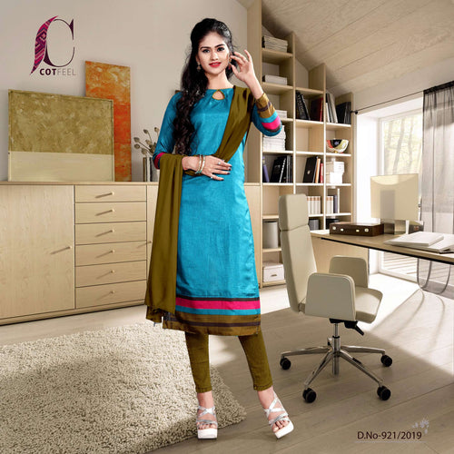 Blue With Green Border Women's Premium Tripura Cotton Office Uniform Salwar Kameez