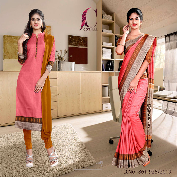 Pink And Orange Fancy Corporate Uniform Saree Salwar Combo