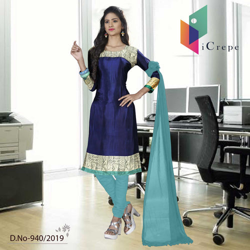 Navy Blue and Turquoise Premium Italian Silk Crepe Uniform Churidar For School Teacher