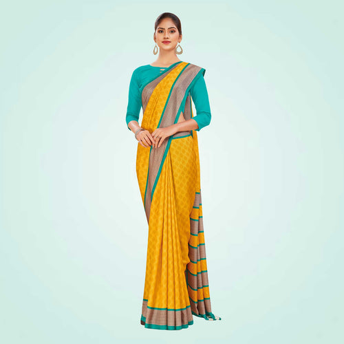 Yellow and Turquoise Women's Premium Manipuri Cotton Small Butty Teachers Uniform Saree
