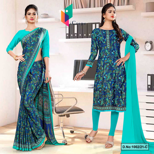 Blue Green Women's Premium Italian Silk Paisley Print Uniform Sarees Salwar Combo For Teachers Uniform