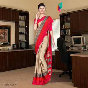 Brown And Pink Italian Crepe Silk Female Staff Uniform Saree