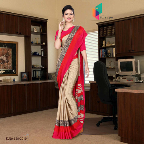 Brown And Pink Italian Crepe Silk Female Staff Uniform Saree