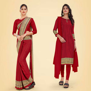 Blood Red and Beige Women's Premium Italian Silk Plain Gaala Border Hotel Uniform Saree Salwar Combo