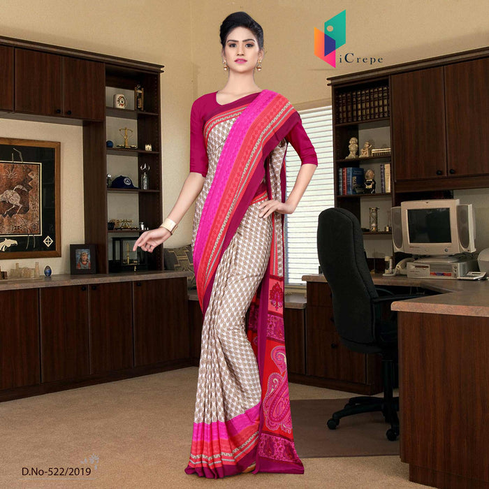 Brown And Red Italian Crepe Silk Office Wear Uniform Saree