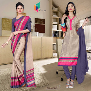 Beige and Gray Women's Premium Italian Silk Eyecatchers Showroom Uniform Sarees Salwar Combo