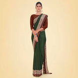 Mehandi and Brown Women's Premium Italian Silk Plain Gaala Border Nurses Uniform Saree