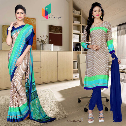 Cream and Navy Blue Women's Premium Italian Silk Eyecatchers Staff Uniform Sarees Salwar Combo