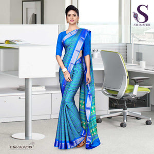 Blue Turquoise Silk Crepe Jaquard Border Showroom Uniform Sarees