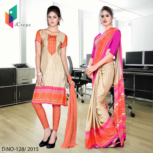 Beige and Pink Women's Premium Italian Silk Eyecatchers School Uniform Sarees Salwar Combo
