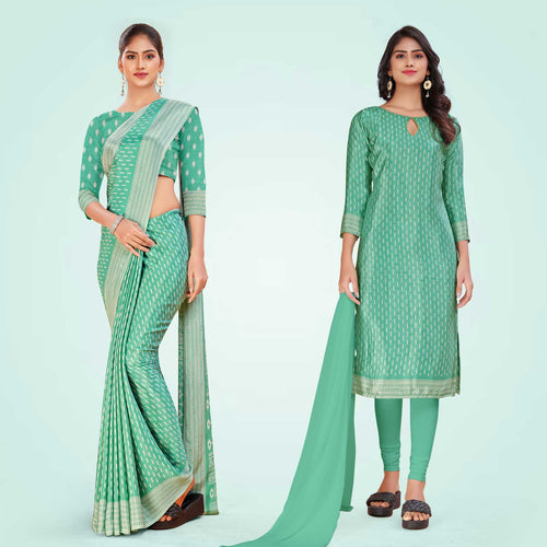 Beige Women's Premium Silk Chiffon Small Butty Housekeeping Uniform Saree Salwar Combo