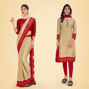 Beige and Maroon Women's Premium Italian Silk Small Butty Jewellery Showroom Uniform Saree Salwar Combo