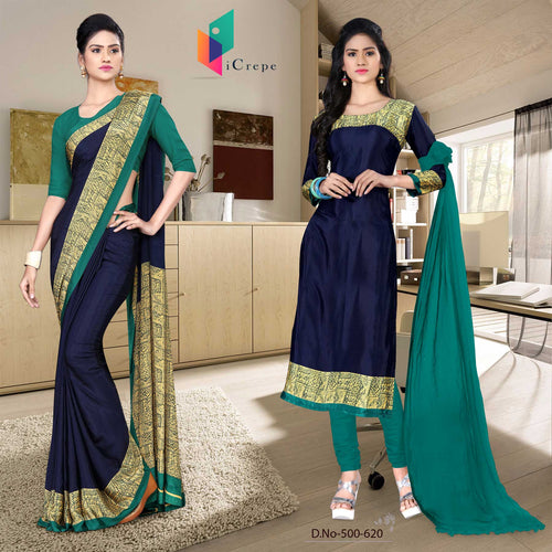 Navy Blue and Green Women's Premium Italian Silk Plain Gala Border Office Uniform Sarees Salwar Combo