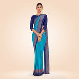 Blue and Navy Blue Women's Premium Italian Silk Plain Gaala Border Anganwadi Uniform Saree