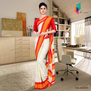 Off White And Red Italian Crepe Silk Office Wear Uniform Saree
