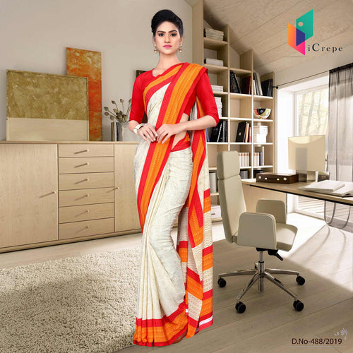 Off White And Red Italian Crepe Silk Office Wear Uniform Saree