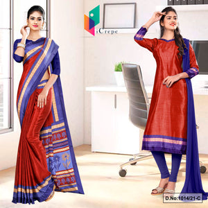 Red Ink Blue Women's Premium Silk Chiffon Discipline Day Uniform Sarees Salwar Combo For Student Uniform